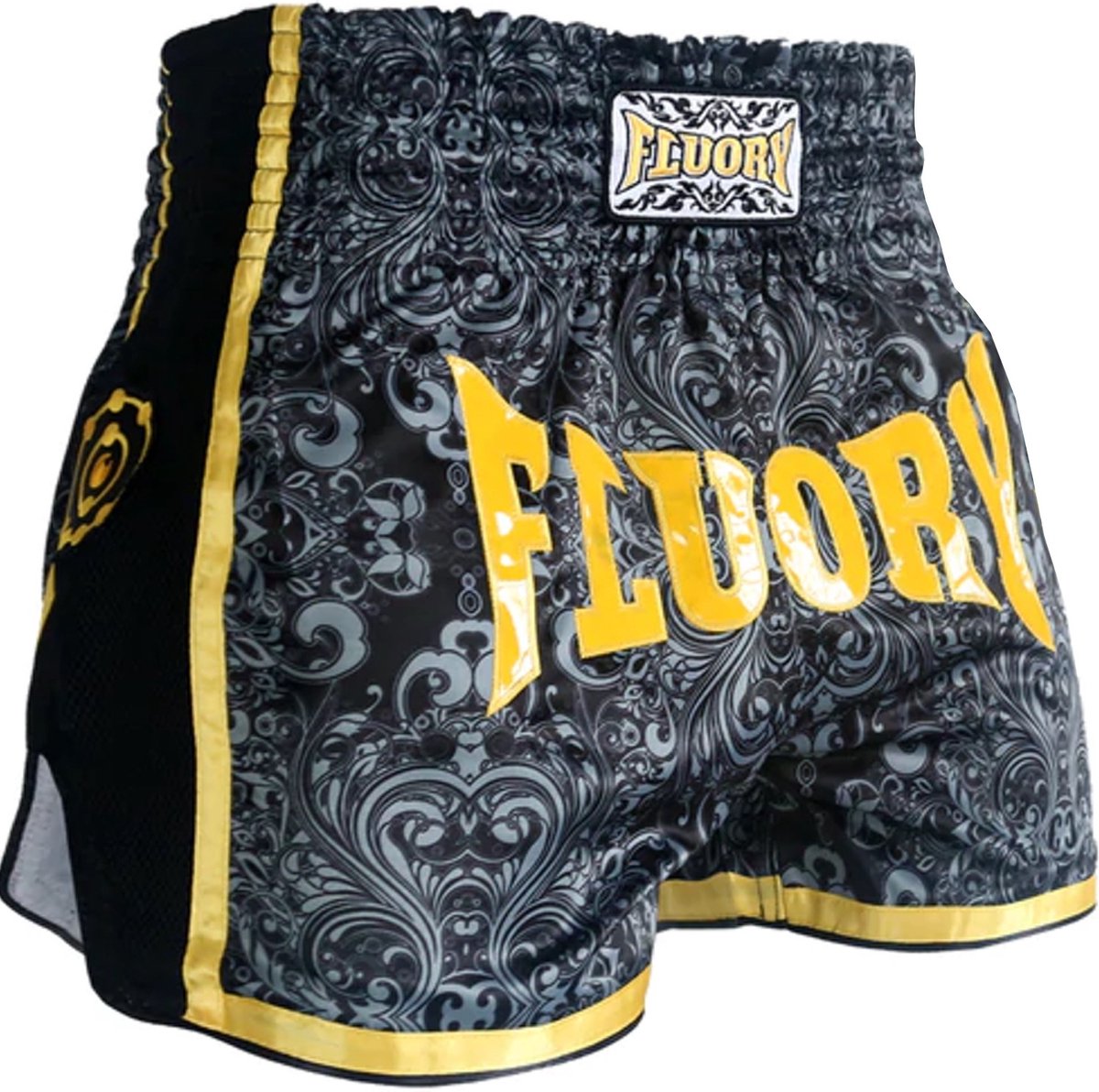 Fluory Muay Thai Short Kickboks Broek Zwart Geel MTSF29 maat M