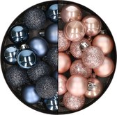 28x stuks kleine kunststof kerstballen nachtblauw en zacht roze 3 cm - kerstversiering