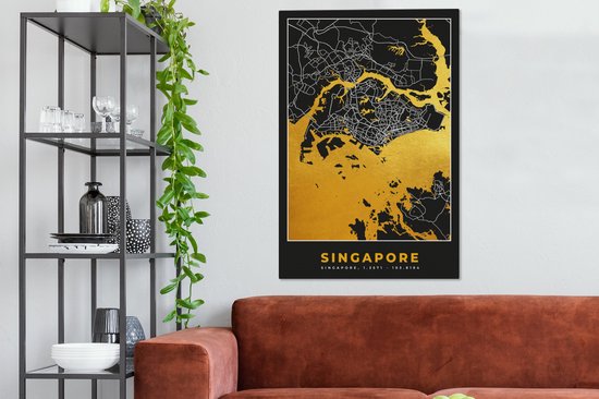 Tableau sur toile Singapour - Plan de la ville - Or - Carte - Carte - 80x120 cm - Décoration murale
