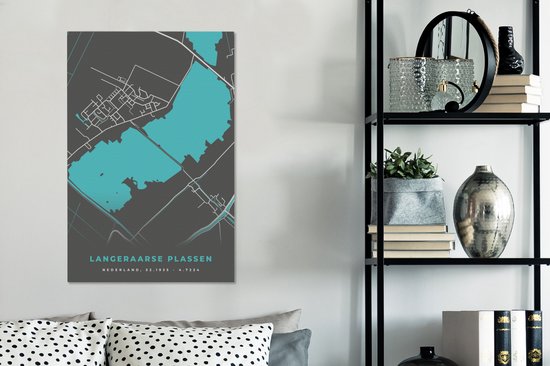 Canvas Schilderij Stadskaart - Water - Plattegrond - Langeraarse Plassen - Nederland - Kaart - 60x90 cm - Wanddecoratie