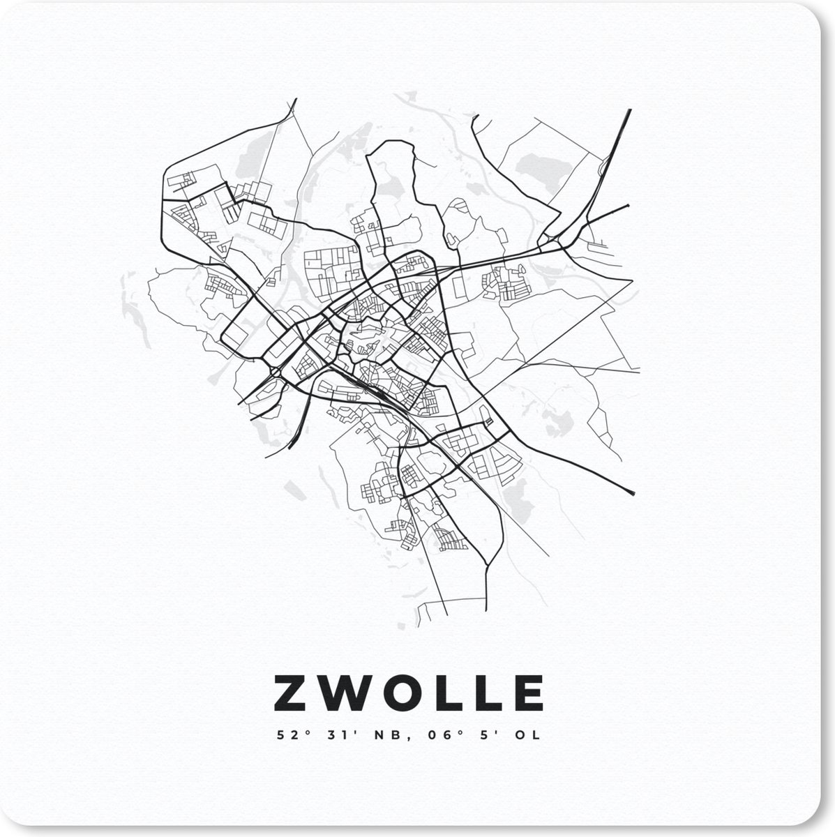 Muismat 30x30 cm - Mousepad Stadskaart – Zwart Wit - Kaart – Zwolle – Nederland – Plattegrond - Muismatten - Stadskaart