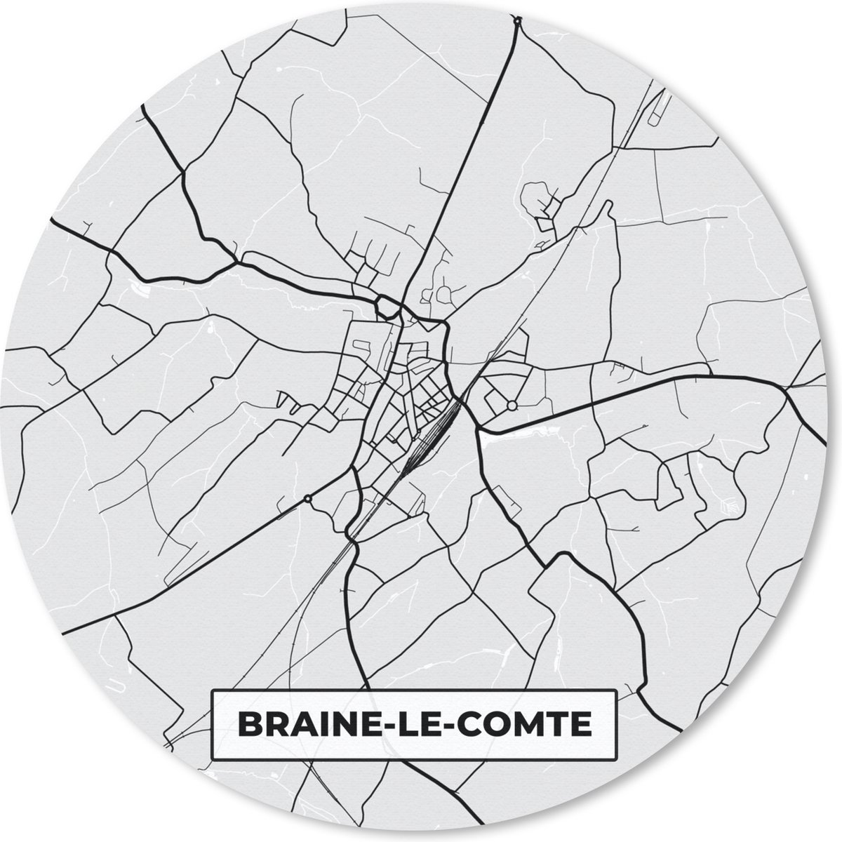 Muismat rond 40x40 cm - Mousepad Stadskaart – Plattegrond – België – Zwart Wit – Braine le Comte – Kaart - Ronde muismatten - Stadskaart