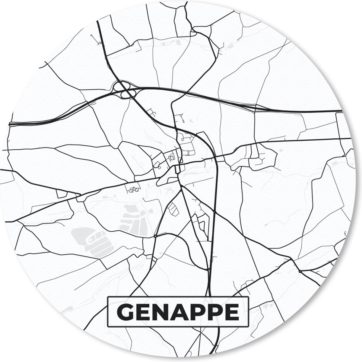 Muismat rond 50x50 cm - Mousepad Stadskaart – Plattegrond – België – Zwart Wit – Genappe – Kaart - Ronde muismatten - Stadskaart
