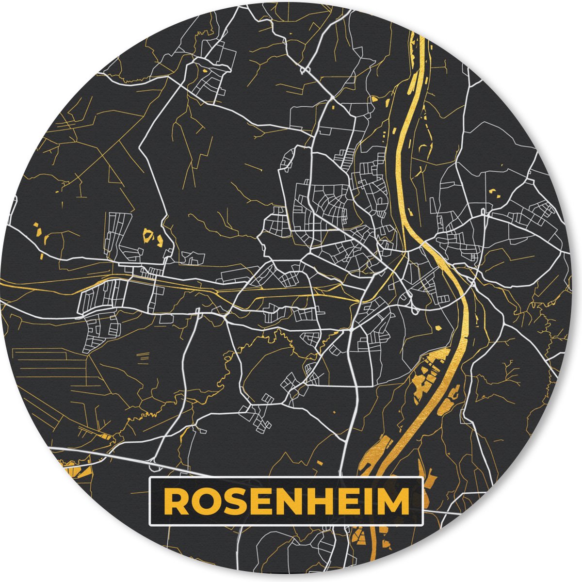 Muismat rond 30x30 cm - Mousepad Black and Gold – Stadskaart – Rosenheim – Duitsland – Plattegrond – Kaart - Ronde muismatten - Stadskaart