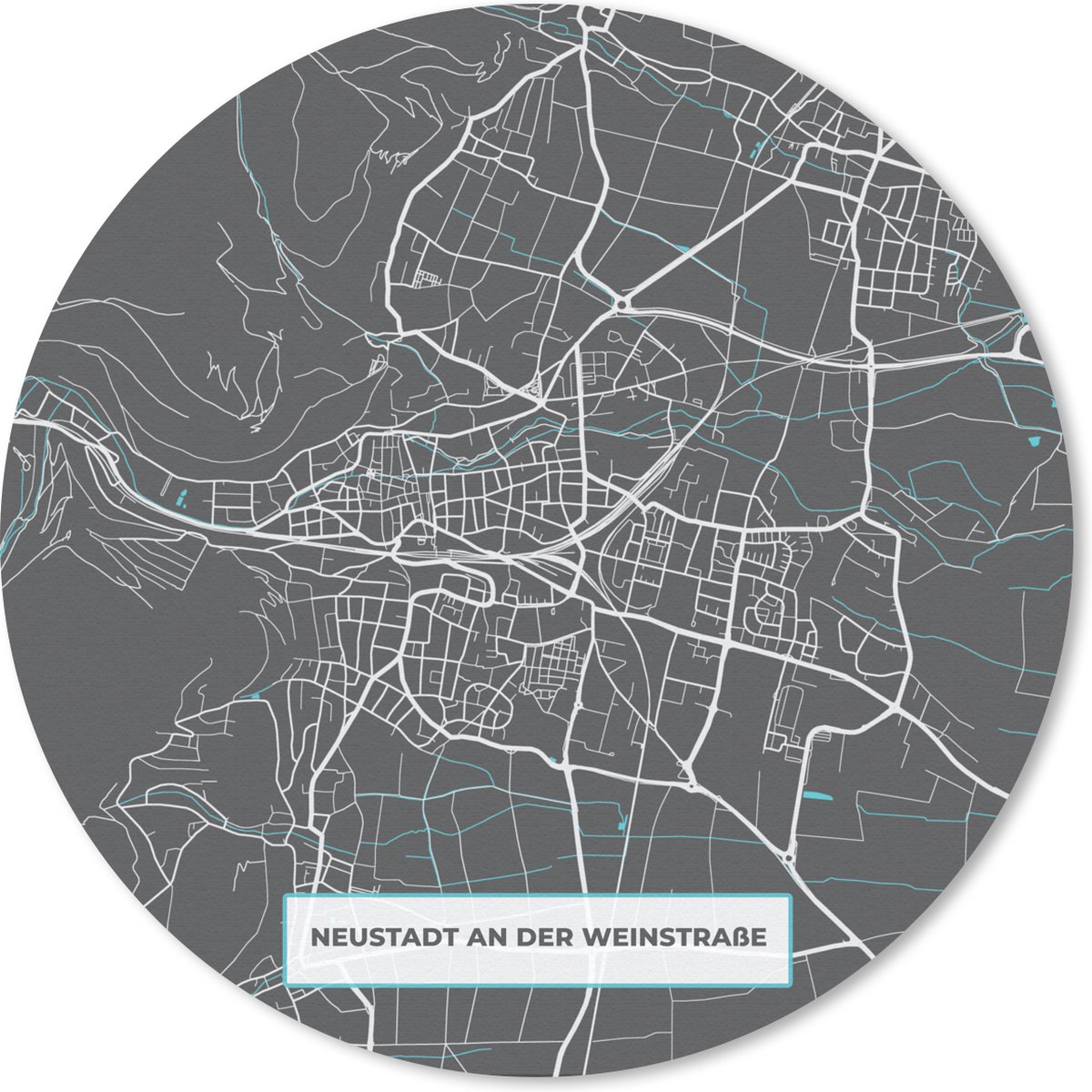Muismat - Mousepad - Rond - Kaart – Plattegrond – Stadskaart – Neustadt an der Weinstraße – Duitsland – Blauw - 20x20 cm - Ronde muismat
