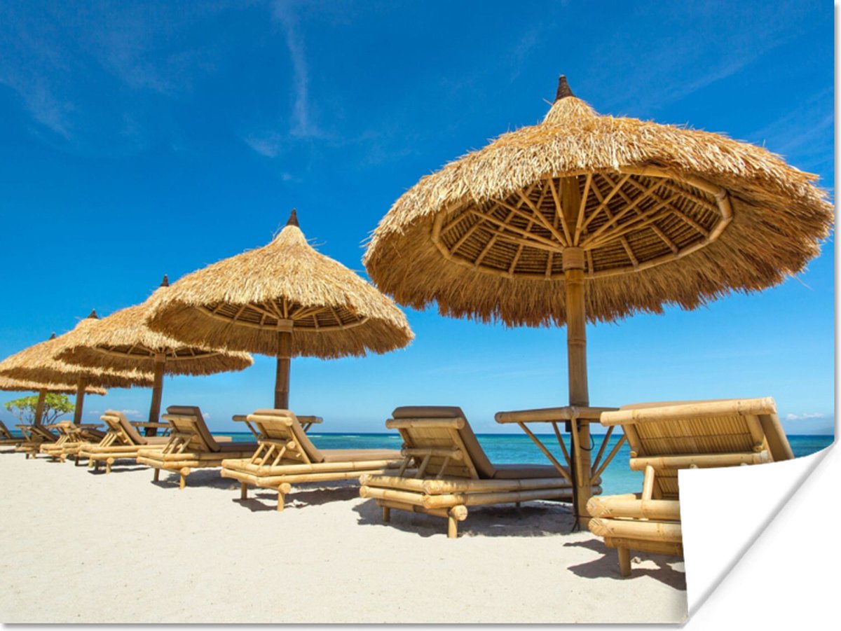Poster 160x120 cm - Strandstoel - Strand - Parasol - Zee - Zomer - Posters - Kamer decorat