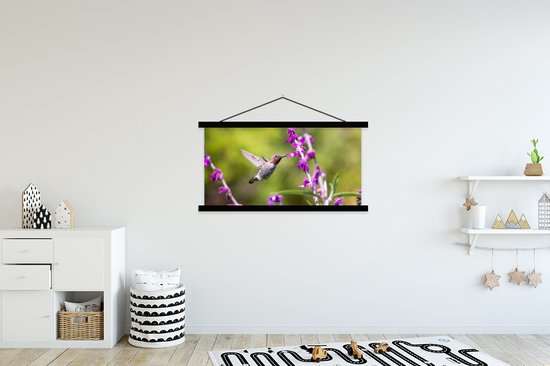 Posterhanger incl. Poster 150x75 cm - Schoolplaat - Kolibrie - Vogel - Bloemen - Natuur - Textielposter - Zwarte latten