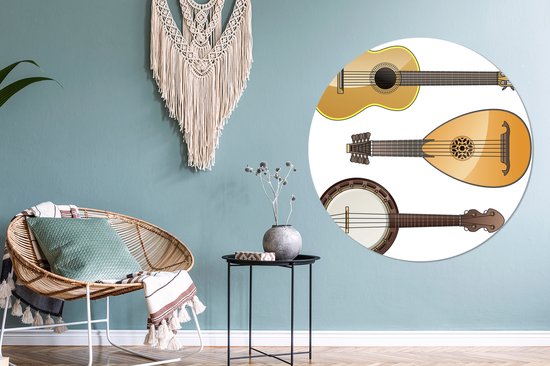 Illustrations d'un banjo et autres instruments Assiette en plastique cercle mural ⌀ 120 cm - impression photo sur cercle mural / cercle vivant (décoration murale)