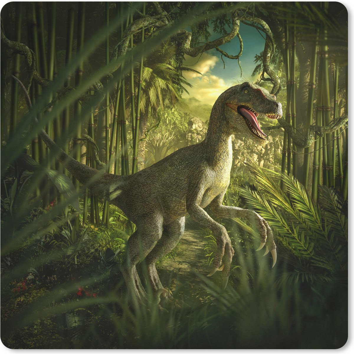 Muismat XXL 40x40 cm - Bureau onderlegger - Bureau mat Dinosaurus - Planten - Groen - Illustratie - Kinderen - Jongens - Bureaumat - Gaming mousepad xl - Bureaulegger groot - Computer deskmat