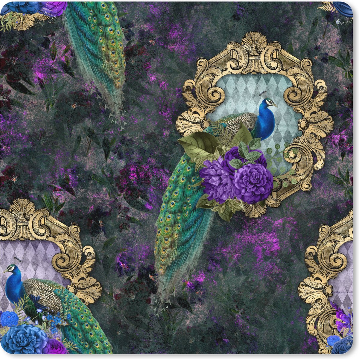 Muismat XXL 40x40 cm - Bureau onderlegger - Bureau mat Patronen - Paars - Pauw - Bureaumat - Gaming mousepad xl - Bureaulegger groot - Computer deskmat