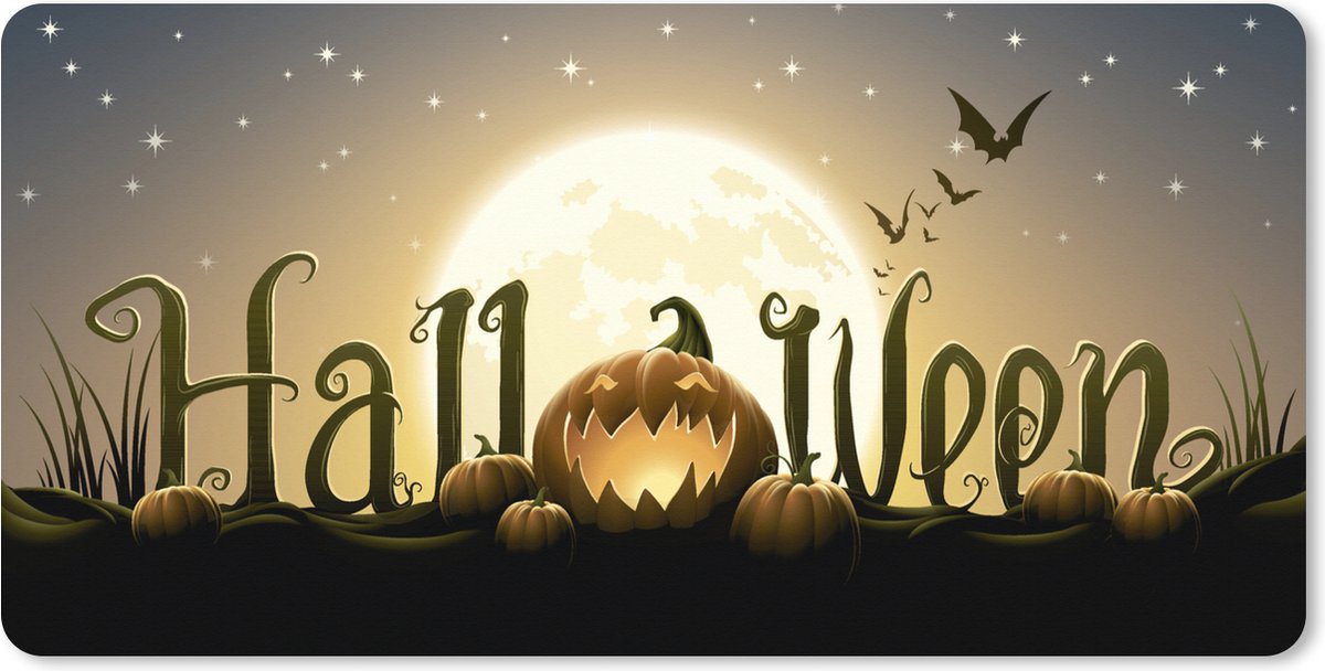 Muismat XXL 120x60 cm - Bureau onderlegger - Bureau mat De letters van Halloween verlicht door de volle maan in een illustratie - Bureaumat - Gaming mousepad xl - Bureaulegger groot - Computer deskmat