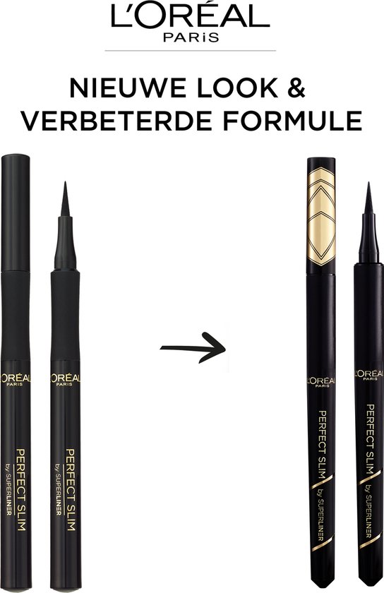 Vergelijking van oudere en nieuwe verpakkingen van de L'Oréal Paris Perfect Slim by Superliner eyeliner.