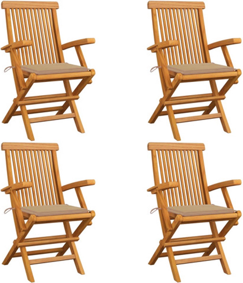 vidaXL - Tuinstoelen - 4 - st - met - beige - kussens - massief - teakhout