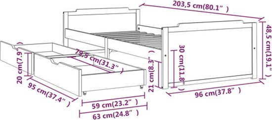 vidaXL Cadre de lit avec tiroirs Blanc Pin massif 90 x 200 cm