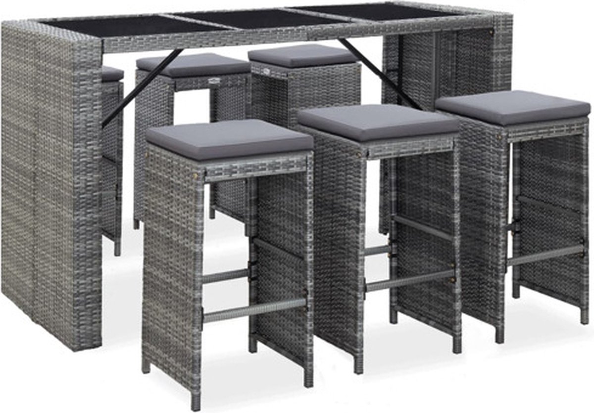 vidaXL 7-delige Tuinbarset met kussens poly rattan grijs