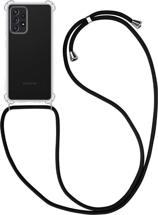 Vue latérale d'une coque de téléphone transparente avec un cordon de téléphone noir.
