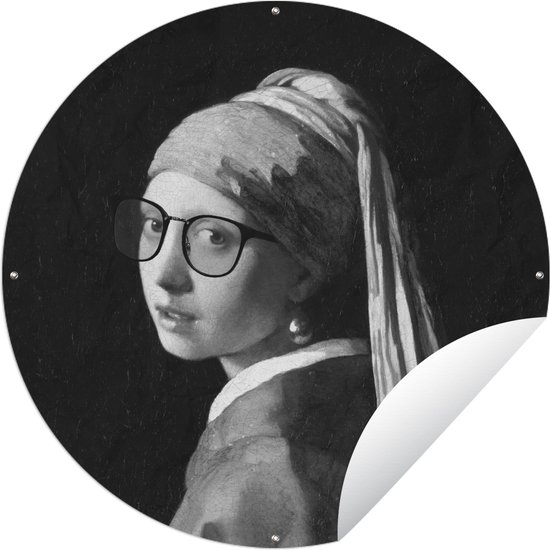 Tuincirkel Het meisje met de parel - Johannes Vermeer - Zwart - Wit - 60x60 cm - Ronde Tuinposter - Buiten