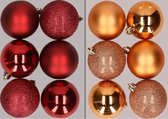 12x stuks kunststof kerstballen mix van donkerrood en koper 8 cm - Kerstversiering
