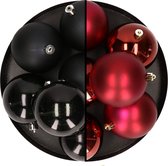 12x stuks kunststof kerstballen 8 cm mix van zwart en donkerrood - Kerstversiering