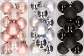 36x stuks kunststof kerstballen mix van lichtroze, zilver en zwart 6 cm - Kerstversiering