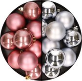 24x stuks kunststof kerstballen mix van zilver en oudroze 6 cm - Kerstversiering