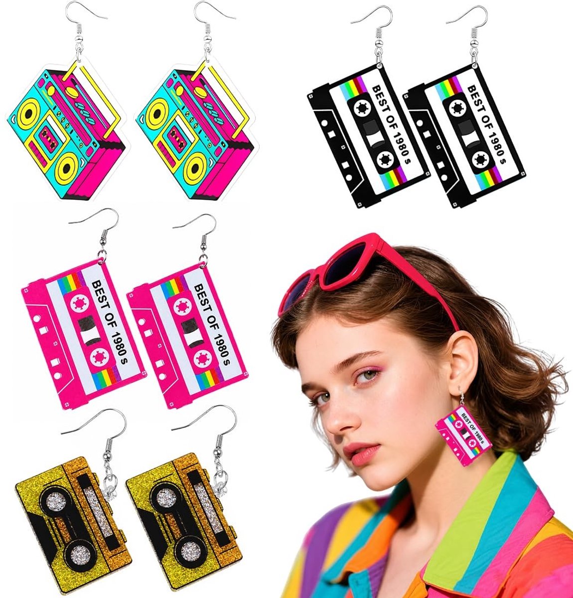 SolidKeus - Set van 4 Retro Cassette-Oorbellen in Jaren 80/90 Stijl