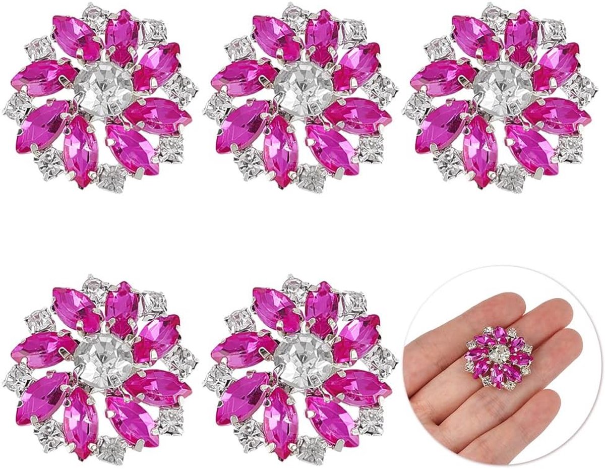 6 stuks fuchsia zilveren bloem legering strass schacht knoppen 26mm boeket strass knopen met 1-gat en platte achterkant naaien kristallen versieringen metalen sneeuwvlok knop met mode