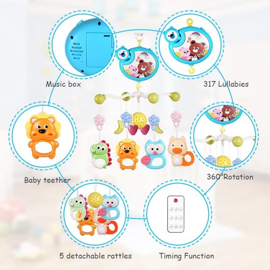 Babybedspeelgoed, mobile voor babybed, slaaphulp, muziekspeelgoed met schattige dieren, babybedmobile met muziek en verlichting, projector en afstandsbediening (blauw) — afbeelding 3