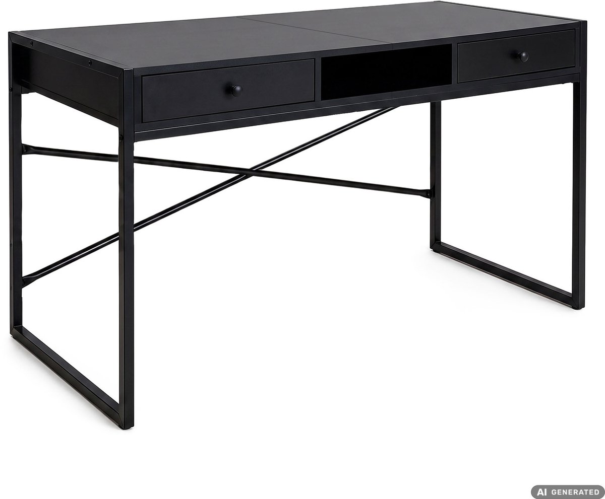 Computertafel Bureau ELONIS / Industrieel / 123 cm / Zwart / 2 Lades / 1 Plank / Zwarte Poten