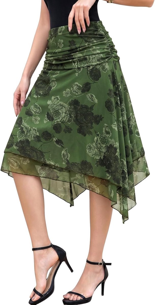 Damesrok, midi-rok, hoge taille met elastische tailleband, onregelmatige flowy rok met binnenvoering, knielang