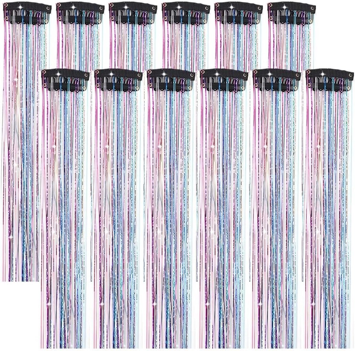 Haarextensies met clips, 12 haarstukjes met kleurrijke glitter, glitterhaarverlengingen voor vrouwen en meisjes, kleurrijke strengen, feest, bruiloft, festival, meerkleurig
