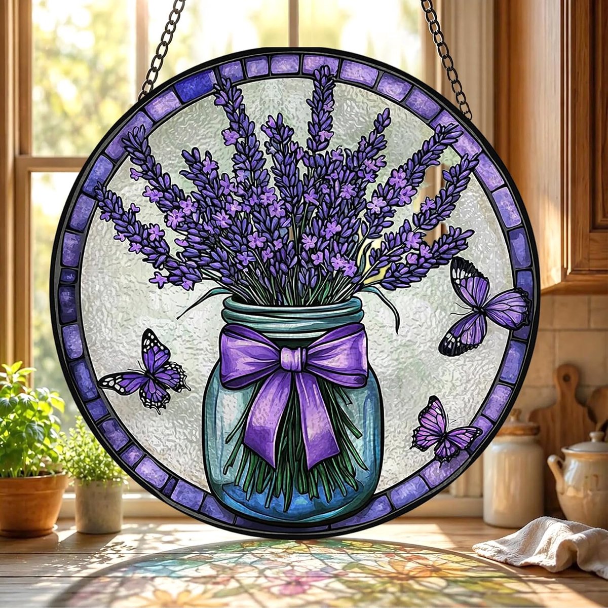 Lavendel Gekleurd Glas Hangend - Vaas Hangende Raamdecoratie - voor Tuin, Raam en Deur, Verjaardag voor Vrouwen, Handgemaakte Suncatcher Decoratie 20x20 cm
