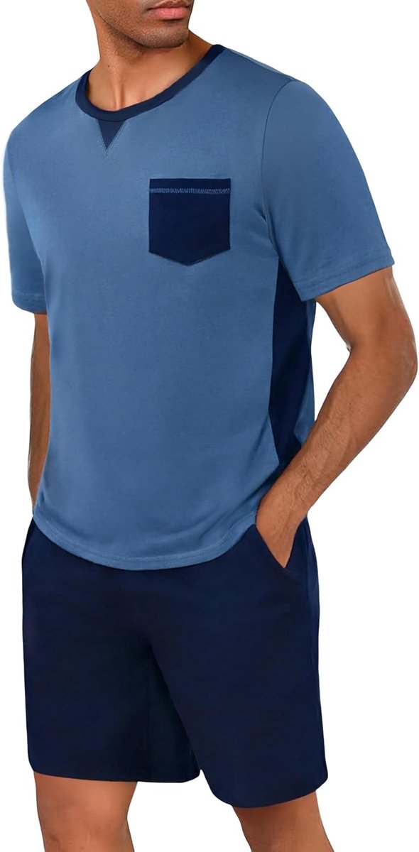 Pyjama voor heren, korte mouwen, katoen, zomer, pyjamaset, V-hals, shorts