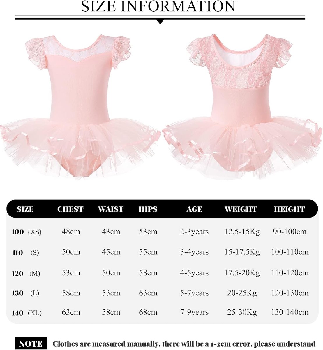 Balletshirt met rok, tutu voor kinderen, meisjes, balletjurk, balletjurk, dansjurk, ballerina, tutu, roze, 90/100 cm