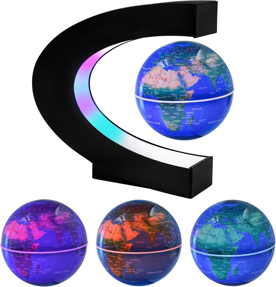 Drijvende wereldbol met 7 kleuren LED-verlichting, C-vormige automatische roterende bol, magnetisch veld levitatie wereldkaart, zwaartekracht educatieve thuiskantoor bureau