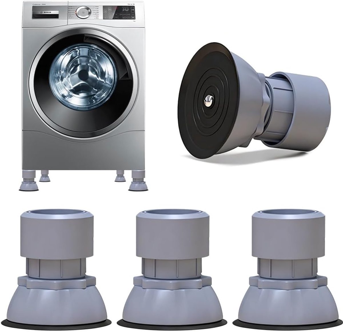 Trildemper voor wasmachine, 4 stuks, verstelbare wasmachinevoeten, anti-trillingsdemper, anti-trillingsmat, universele trillingsdemper voor wasmachines en drogers (grijs)