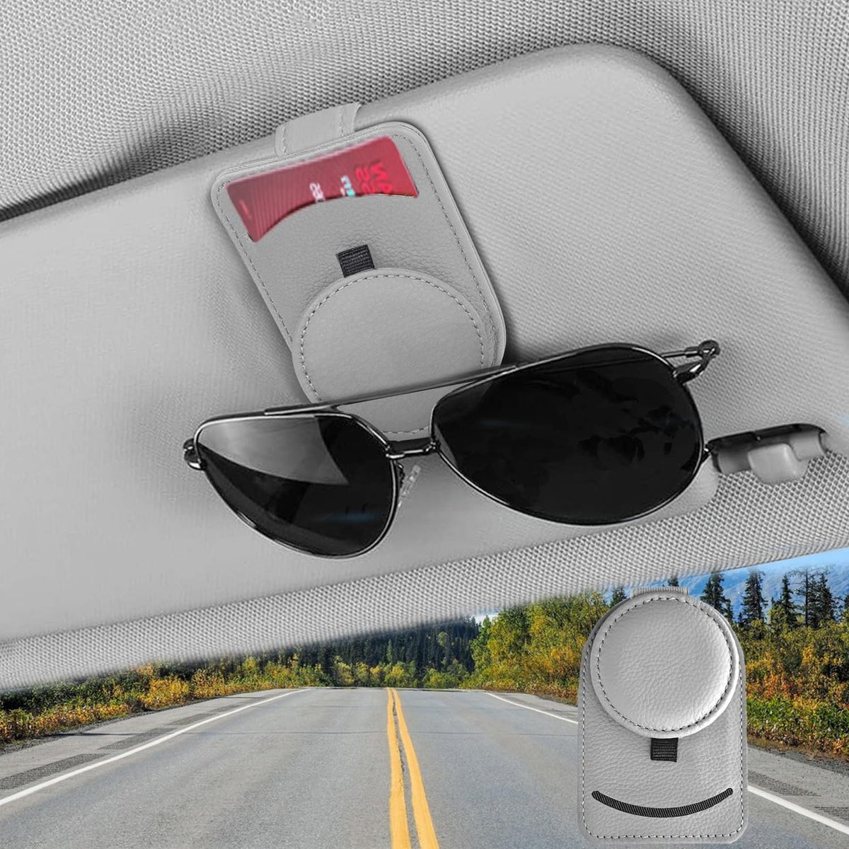 Zonnebrilhouder, brilhouder voor autozonneklep, 11 cm x 7 cm, ticketkaartclip, multifunctionele autoopslagclip, magnetische brilhouder, grijs