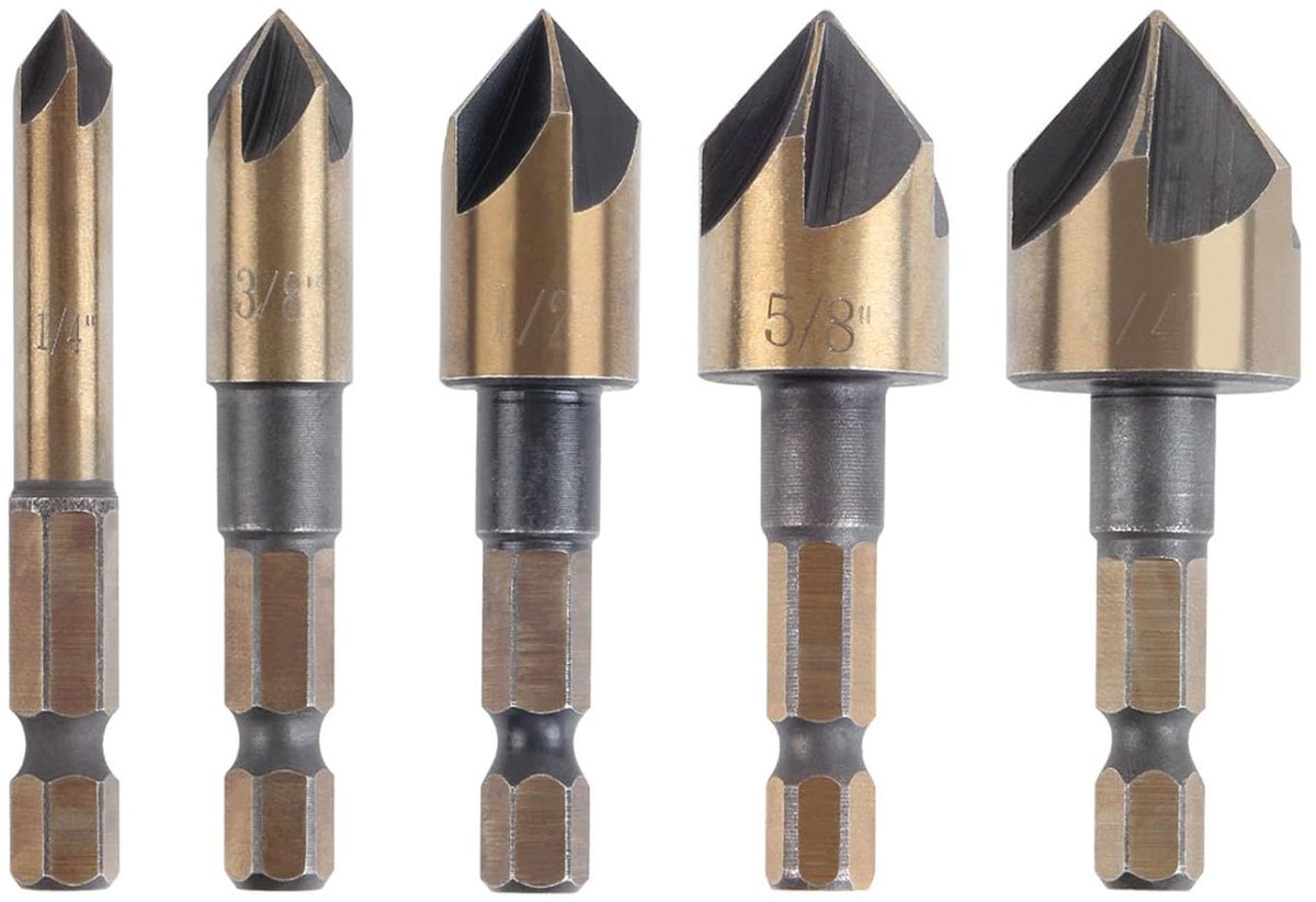 5 stuks verzinkboorset voor metaal, verzinkboor 82 graden, verzink- en ontbramerset 6-19 mm voor metaal, 5-snijdende verzinkbitset met draagtas voor metaal, hout, verzinker, houtverzinkboor