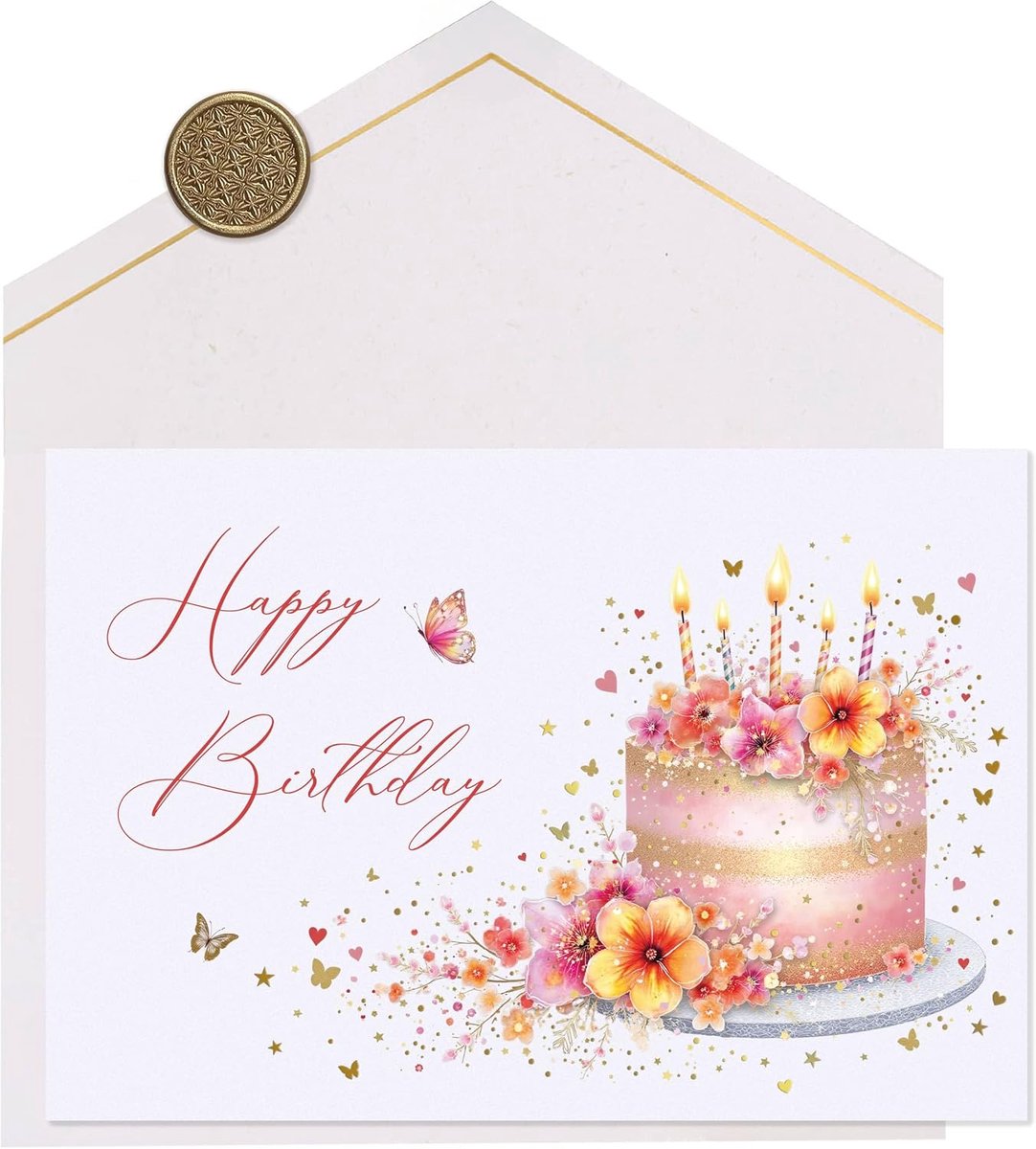 Premium verjaardagskaart SET STARDUST Pink Cake - Verjaardagskaart met envelop van premium papier en echte lakzegel - 17 x 11,5 cm