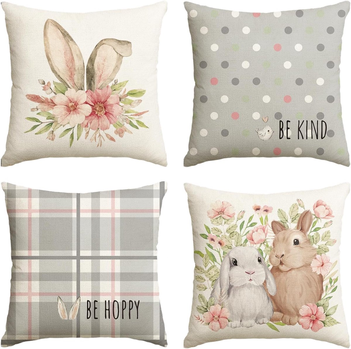Mode Grijs Konijntje Oren Konijntje Bloemen Pasen Kussenhoezen set van 4, 40x40 cm Strepen Stippen Lente Decoratieve Kussenhoes Bank Woonkamer