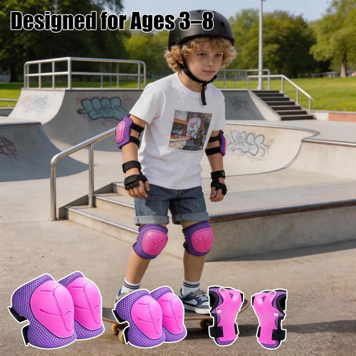 Beschermset voor Kinderen 6 in 1, Beschermingsset met Kniebeschermers, Elleboogbeschermers en Polsbeschermers Verstelbaar, Uitrusting voor Skaten, Fietsen, Skateboard, Step en Roller