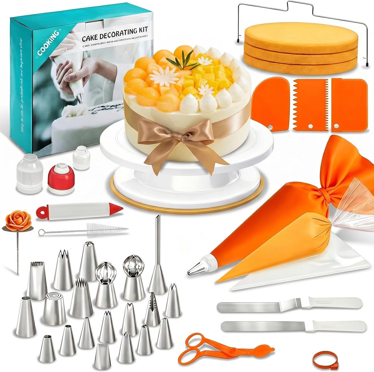 61-delige taartaccessoireset met draaibare taartplaat, dichte spuitmonden | Taartenset met 27,5 cm taartspatel, hoekpalet, taartsnijder, taartaccessoires voor beginners en professionals