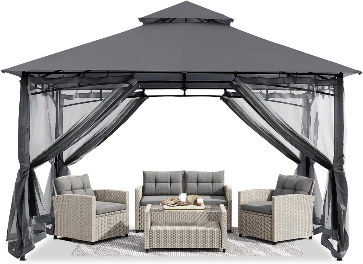 3,35 x 3,35 m tuinpaviljoen voor terras, dubbel dak tuin achtertuinpaviljoen met net voor schaduw en regen, grijs
