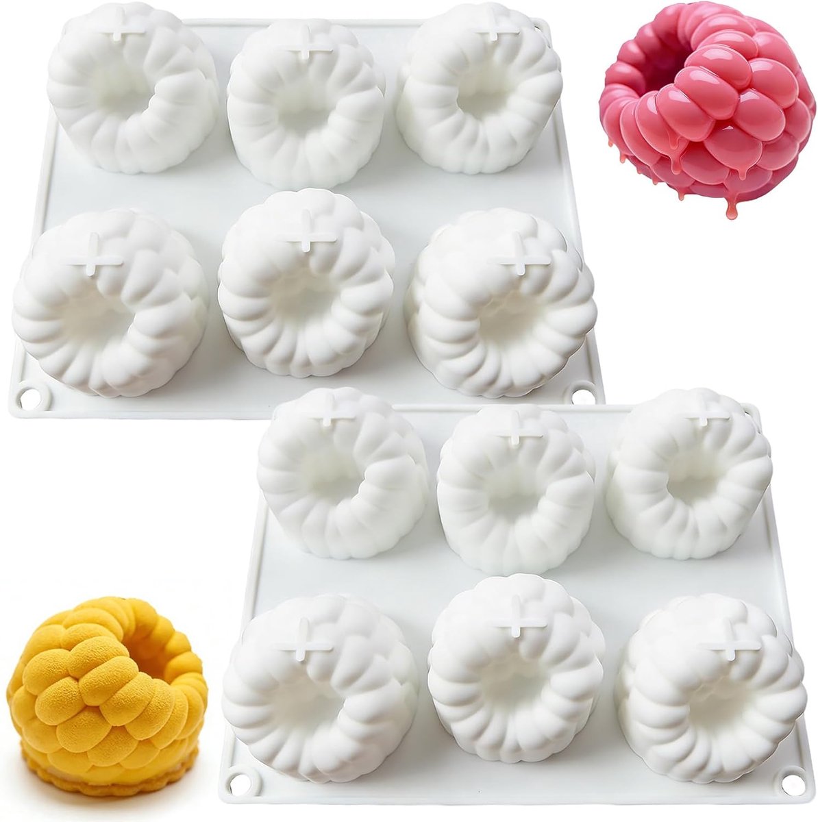 Bakvormen, 2 stuks, frambozen, gietvormen, siliconen cake, framboos, siliconen bakvormen, 6 vormen, siliconen dessertvorm met framboos voor brownies, mousse, cake en desserts (wit)