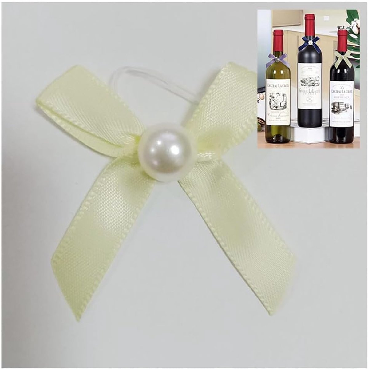 Flessenslijpen met parels, wijnstrikken, 4,5 x 5 cm, lint voor flessen, wijnflessen, decoratieve strikken met elastiek, satijn, cadeau, strikken, kant-en-klare strik, satijnen strik, beige, 30 stuks