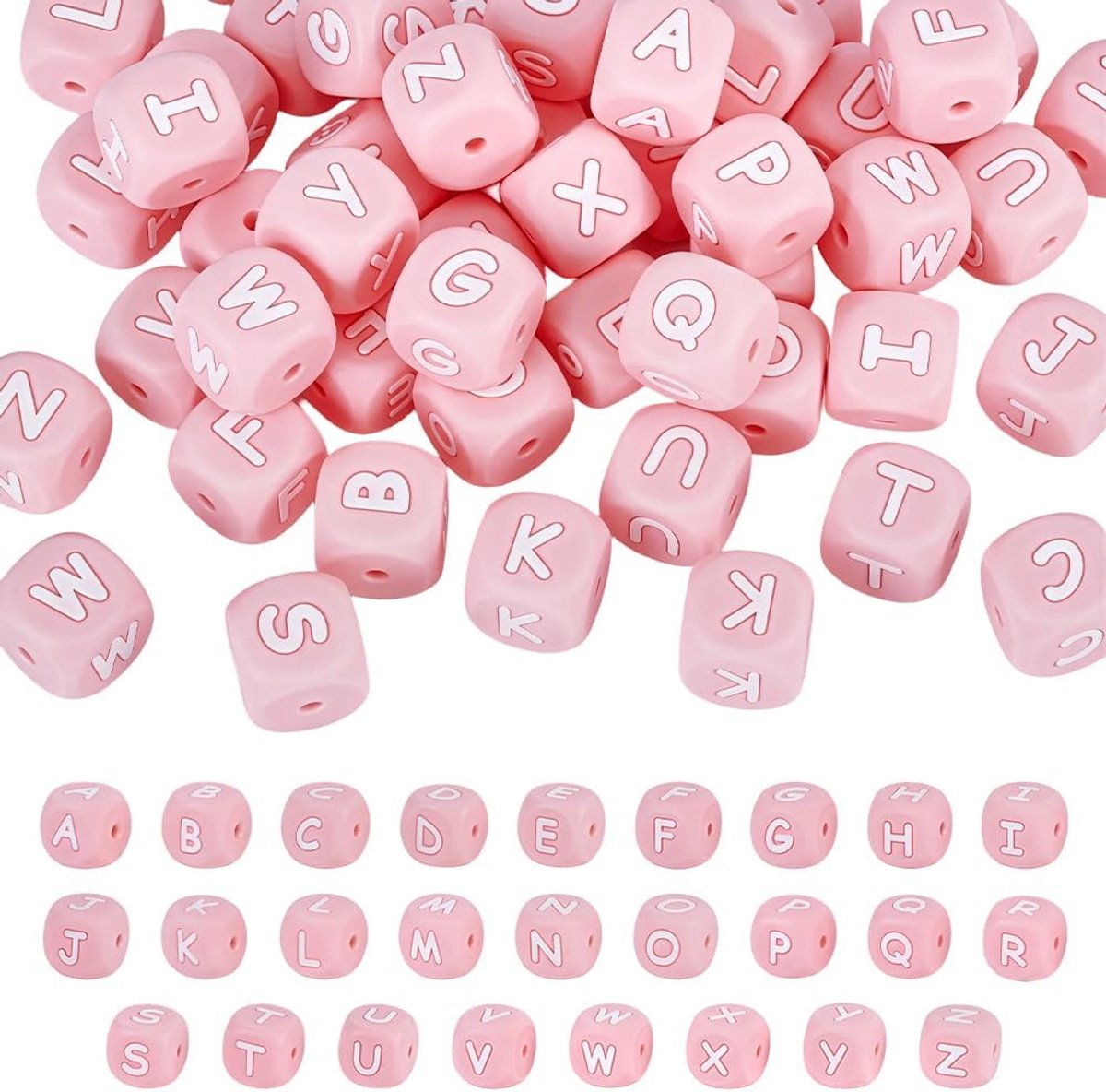 Kralen, 26 stijlen, kubuskralen, 12 mm, alfabet A tot Z, losse kralen, benodigdheden, handwerk, doe-het-zelf, roze