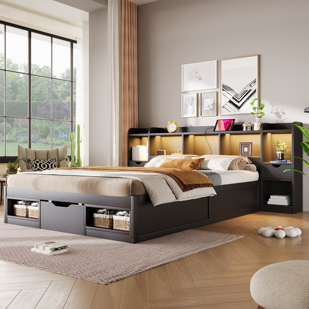 Bed 140 x 200 cm Met matras – Bedframe met LED-verlichting en USB-aansluiting – Opbergruimte in hoofdeinde en voeteneinde – Tweepersoons – MDF en Multiplex – Zwart