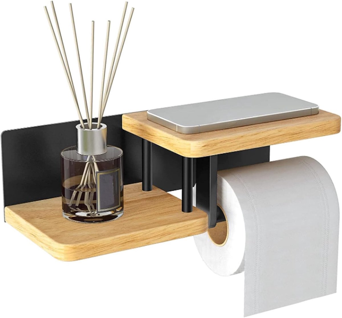 Houten Toiletpapierhouder zonder Boren voor Badkamer en Keuken - Makkelijk te Installeren, Ruimtebesparend en Stijlvol Design