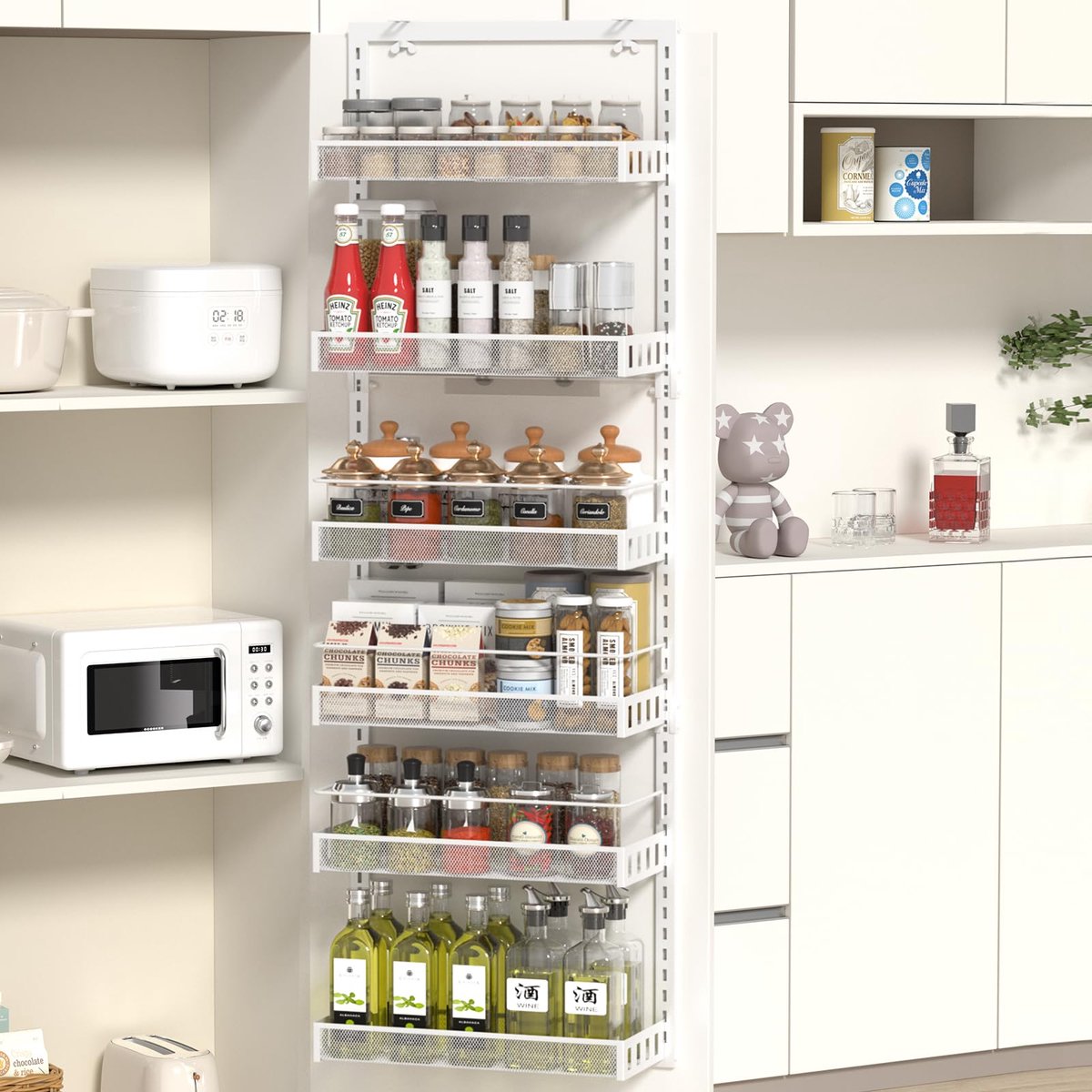 Deurrek met 6 Verstelbare Niveaus - Metalen Opbergrek voor Deur - Keuken Organizer met Ophanghaken - Kruidenrek voor Keuken, Voorraadkast & Badkamer - Wit