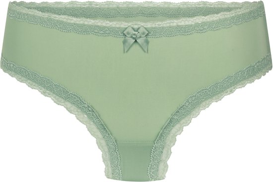 Slip brésilien vert clair avec un bord en dentelle et un petit nœud au milieu devant. Sans mannequin.